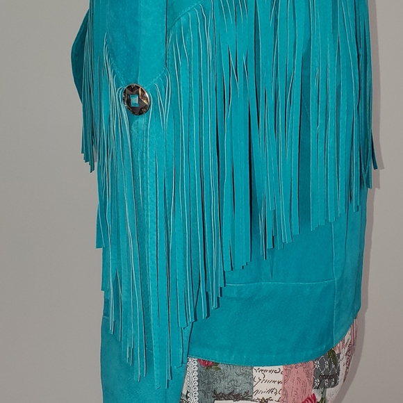 Fringed Teal Suede Western Style Jacket - Picture 3 of 7